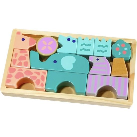 Ecotoys sada dřevěných kostek Zvířátka 13 ks