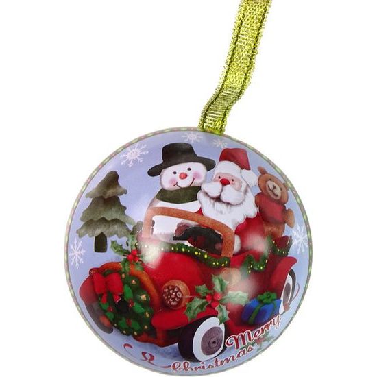 Vánoční kovová baňka Santa Claus se sněhulákem v autě