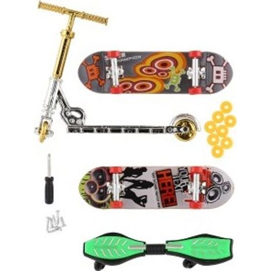 Sada skateboard šroubovací, koloběžka prstová, waveboard s doplňky - mix druhů