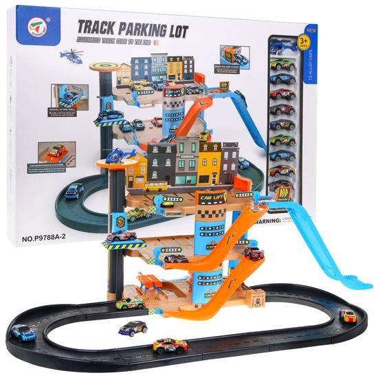 Parkovací garáž s výtahem, helikoptérou a 10 autíčky Slide Lot