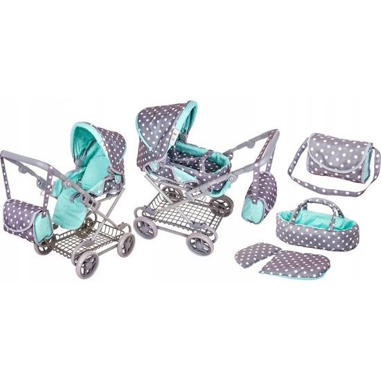 Doris kočárek pro panenky kombinovaný 9346W mentolově šedá