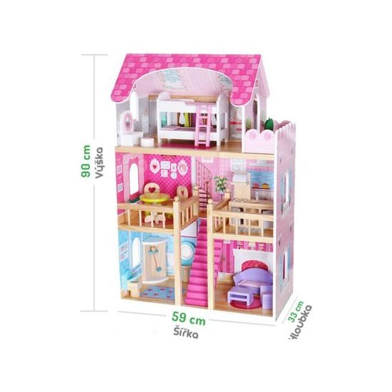 Ecotoys dřevěný dvoupatrový domeček pro panenky Malinová Nová + 2 panenky