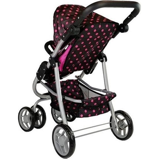 Kočárek pro panenky 2v1 s taškou - černý s růžovými puntíky