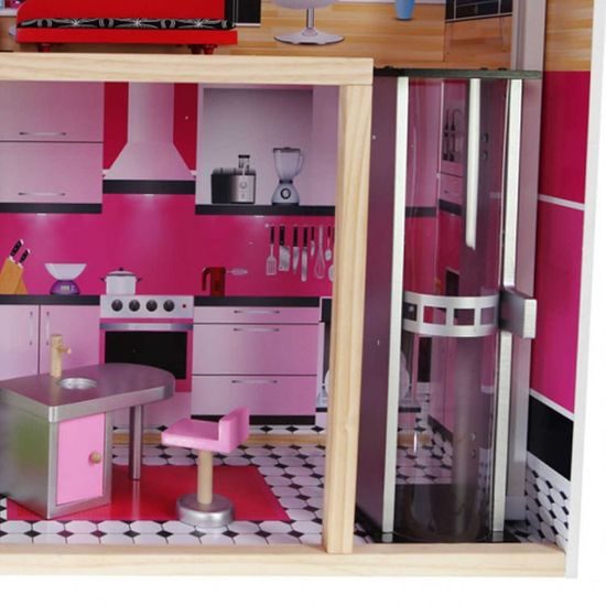 Ecotoys velký dřevěný domeček pro panenky Malibu s výtahem + panenka