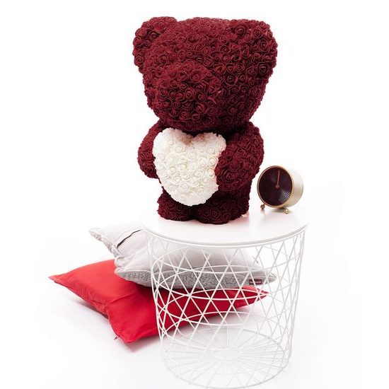 Medvídek z růží bordo s bílým srdcem Rose Bear 60 cm