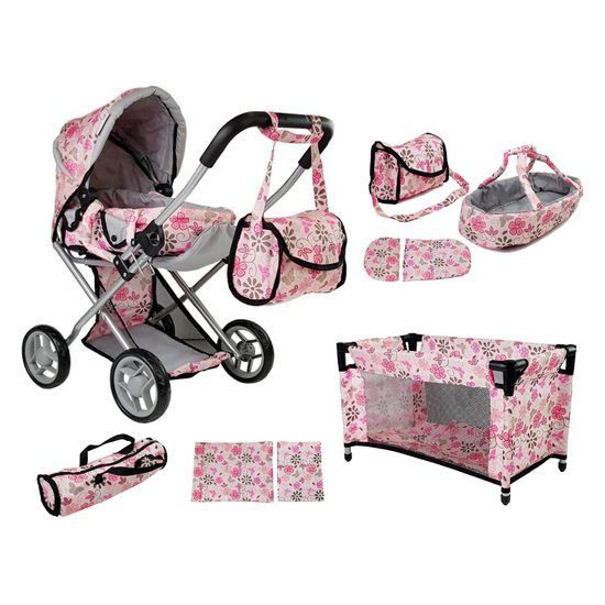 Alice kočárek pro panenky 5v1 světle růžový s kytičkami