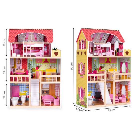 Ecotoys dřevěný dvoupatrový domeček pro panenky Malinová + 2 panenky