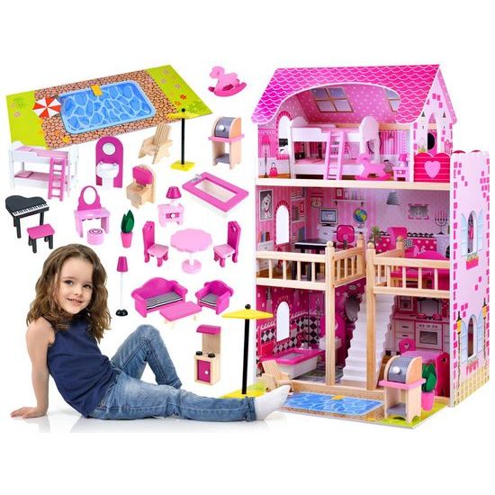 Dřevěný 2 patrový domeček pro panenky s bazénem rezidence Jenny