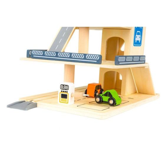 Ecotoys dřevěná garáž se 2 autíčky, výtahem a helikoptérou Wooden Garage