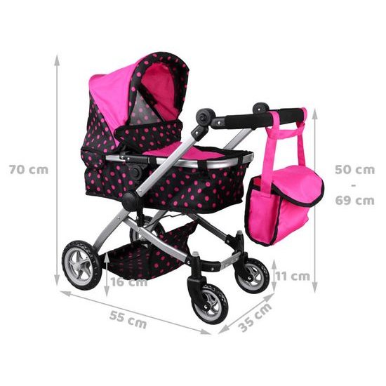SMONTOVÁNO Kočárek pro panenky 4v1 kombinovaný Alice 4543 černo-růžový