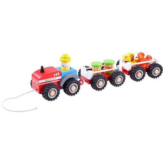 Dřevěný vláček s traktorem a šňůrkou Wooden Tractor