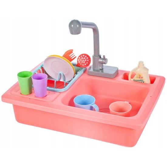 Dětský dřez s tekoucí vodou a nádobím Wash Up růžový