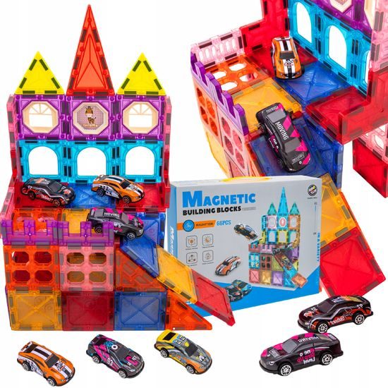 Doris magnetická stavebnice se 6 autíčky Magnetic Blocks 66 dílů