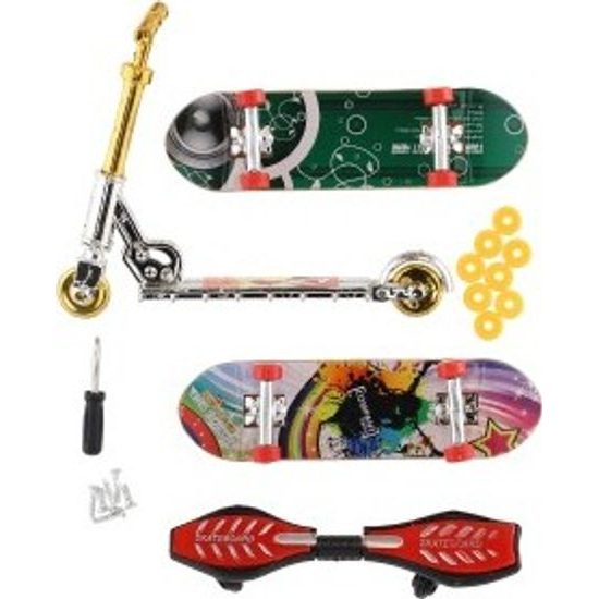 Sada skateboard šroubovací, koloběžka prstová, waveboard s doplňky - mix druhů