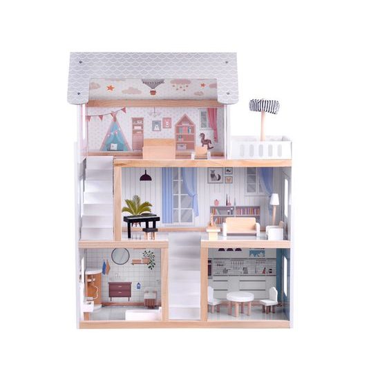 Dřevěný domeček pro panenky s LED osvětlením rezidence Boho