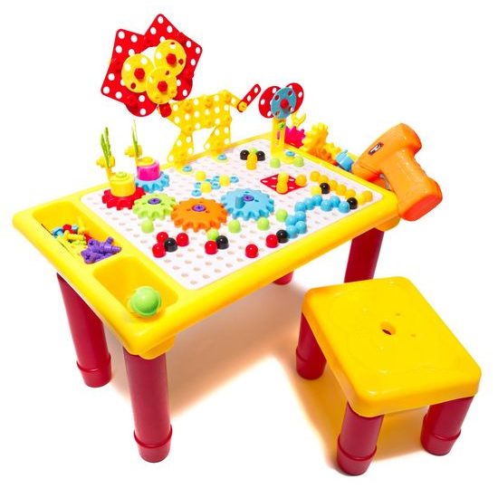 3D konstrukční stavebnice s vrtačkou na baterie, stolečkem a židličkou Magic Panel 296 ks