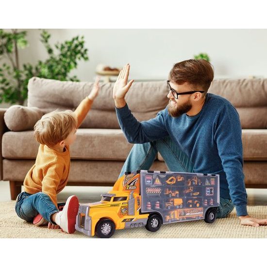 Nákladní auto se 6 stavebními stroji, kamiónem a skluzavkou Yellow Truck