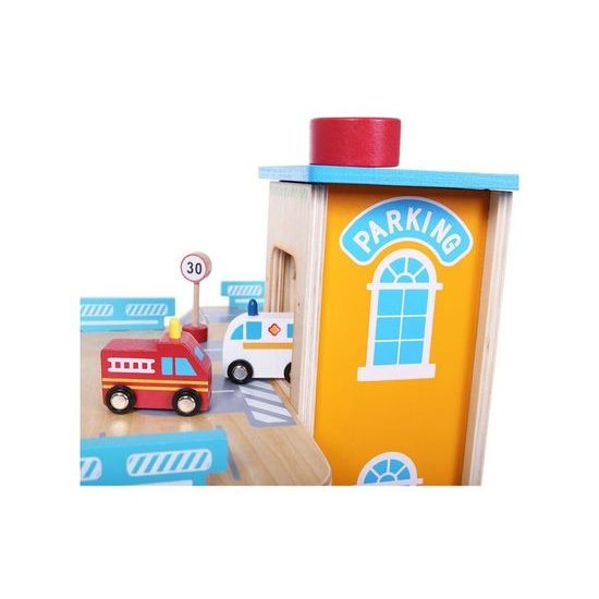 Ecotoys dřevěná patrová garáž s výtahem a autíčky