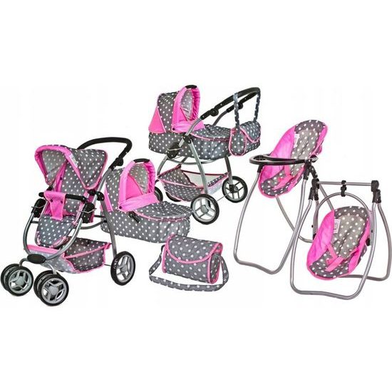 Doris kočárek pro panenky 9662 set 6v1 šedorůžový s jídelní židličkou