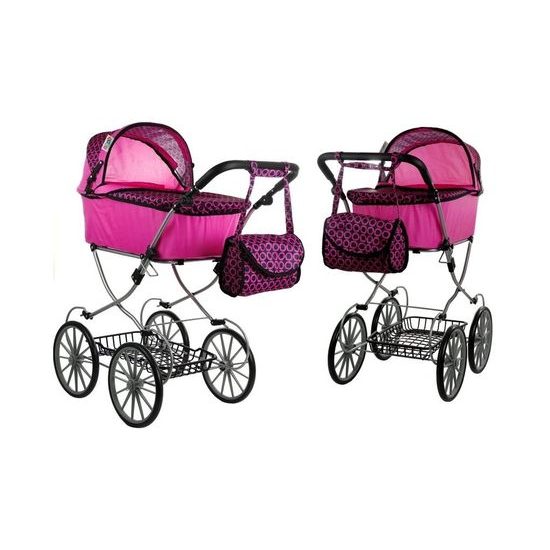 Kočárek pro panenky Alice Retro růžovo-černý vzor