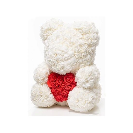 Medvídek z růží bílý s červeným srdcem Rose Bear 40 cm