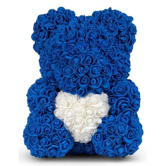 Medvídek z růží tmavě modrý s bílým srdcem Rose Bear 40 cm