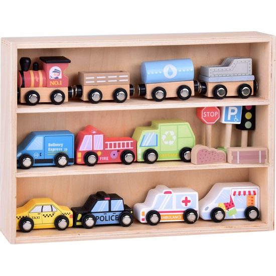 Sada dřevěných autíček hasiči, policie, taxi, sanitka, dopravní značky a podložka