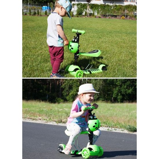 Dětská koloběžka Bedrunka zelená se sedátkem a svítícími koly