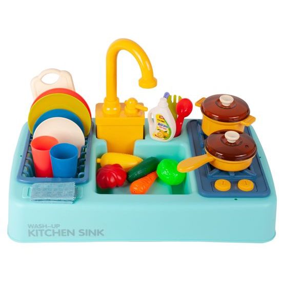 Dětský dřez s tekoucí vodou a nádobím Wash Up modrý