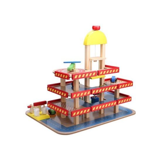 Ecotoys dřevěná garáž s výtahem, autíčky a helikoptérou