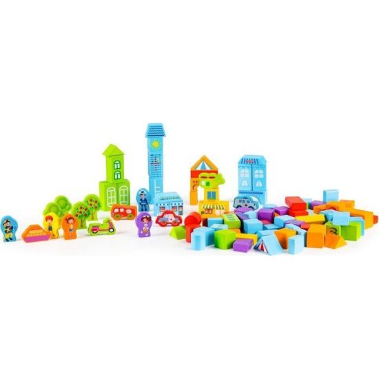 Ecotoys sada dřevěných kostek v kyblíku 100 ks v Městečko