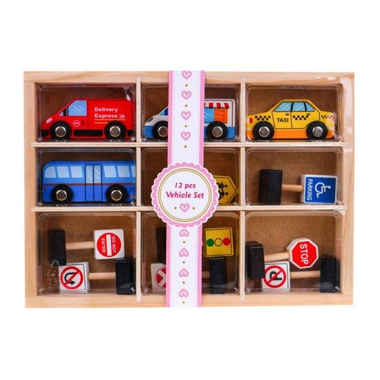 Majlo Toys sestava dřevěných autíček a dopravních značek 12 kusů