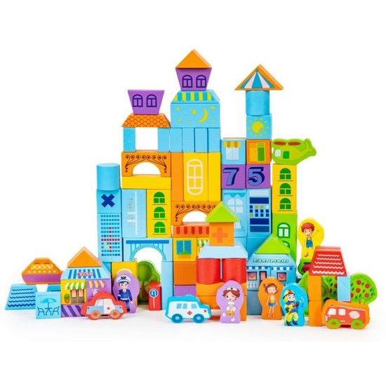 Ecotoys sada dřevěných kostek v kyblíku 100 ks v Městečko