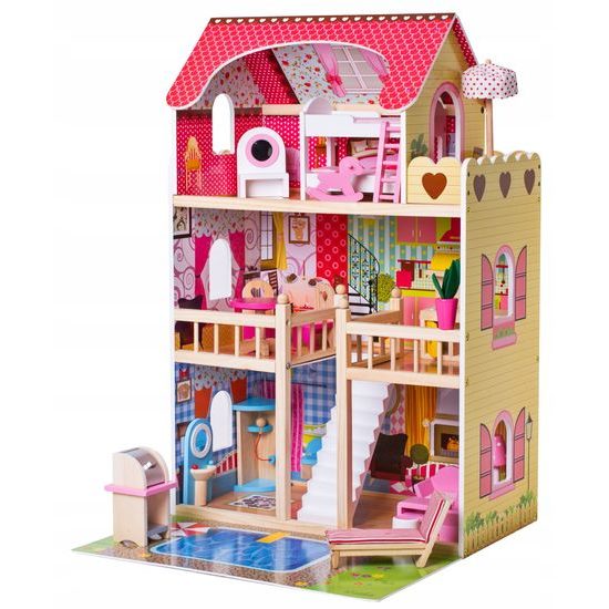 Doris dřevěný 2 patrový domeček pro panenky s barevným LED osvětlením