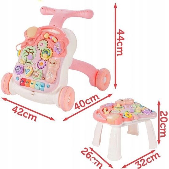 Doris interaktivní chodítko s hracím stolečkem 2v1 růžové