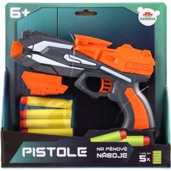 Pistole oranžová na pěnové náboje + 5ks nábojů - oranžová