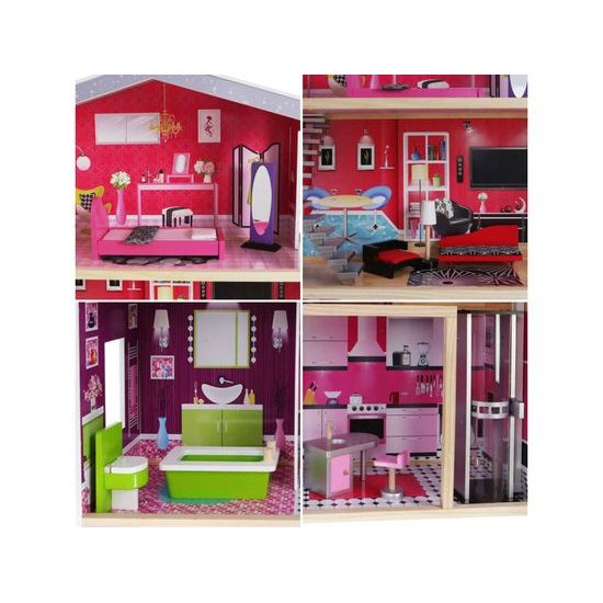 Ecotoys velký dřevěný domeček pro panenky Malibu s výtahem + panenka