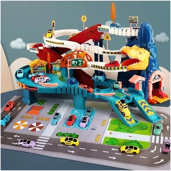 Parkovací dráha se 4 autíčky, tunelem a výtahem na baterie Dinosaur Rail