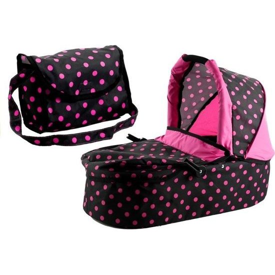 Kočárek pro panenky 2v1 Alice - černý s růžovými puntíky