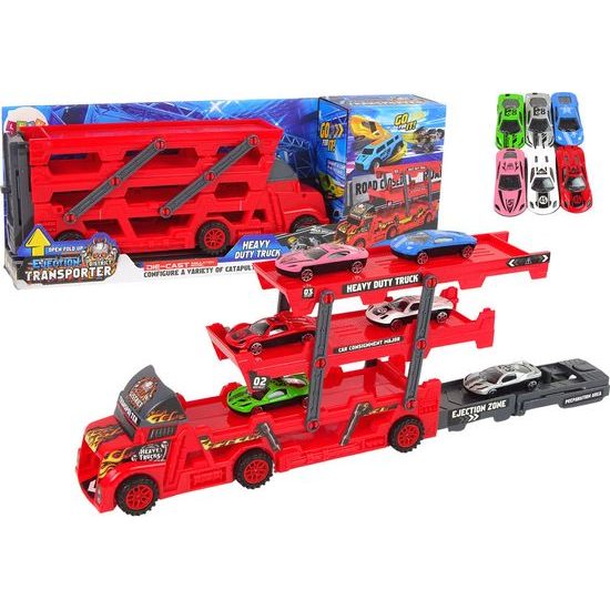 Velký vůz s rampou pro odpalování aut + 6 autíček červený