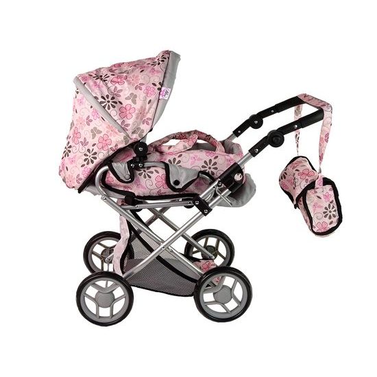 Alice kočárek pro panenky 9346 kombinovaný růžový s kytičkami
