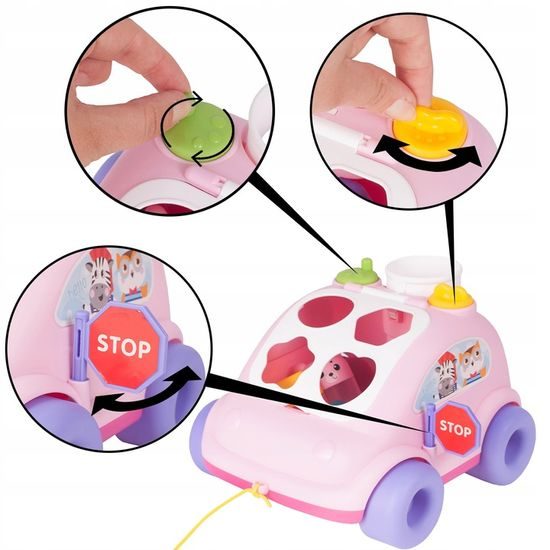 Edukační vkládací kostka - tahací Autíčko růžové