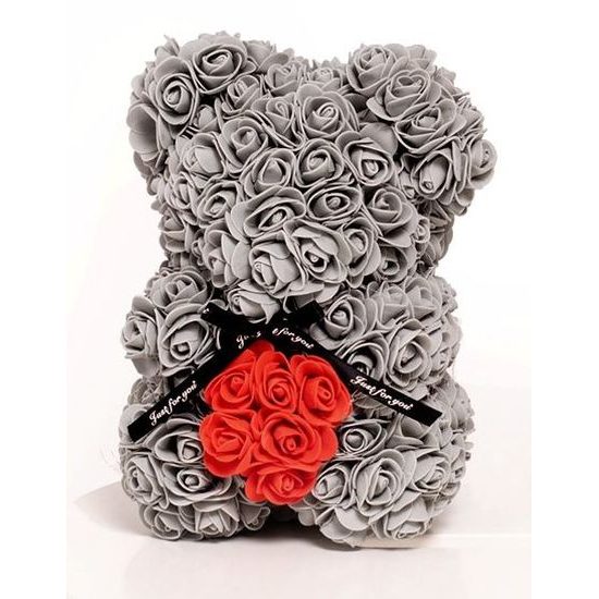 Medvídek z růží šedý s červeným srdcem Rose Bear 25 cm
