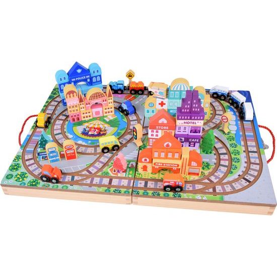 Dřevěná vláčkodráha MĚSTO + kufřík 89 ks