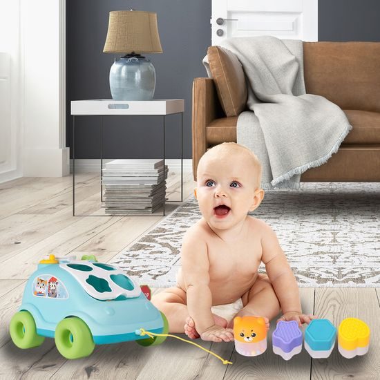 Edukační vkládací kostka - tahací Autíčko modré