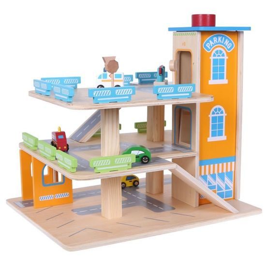 Ecotoys dřevěná patrová garáž s výtahem a autíčky