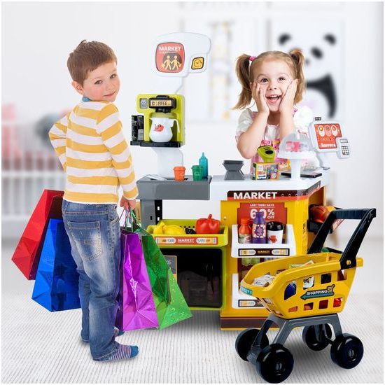 Dětský obchod Supermarket s lednicí a nákupním košíkem 65 součástí