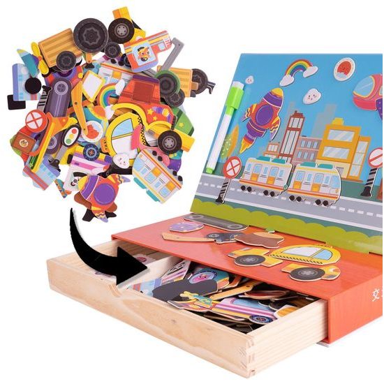 Dřevěná magnetická ukládačka Dopravní prostředky - 94 kusů