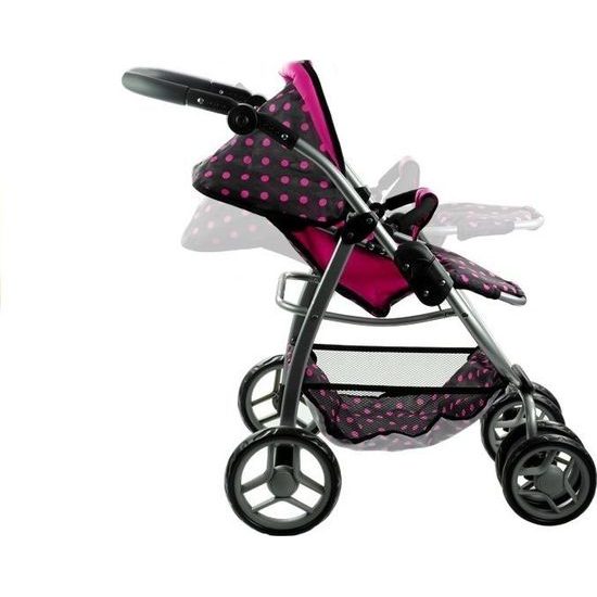Kočárek pro panenky 2v1 Alice - černý s růžovými puntíky