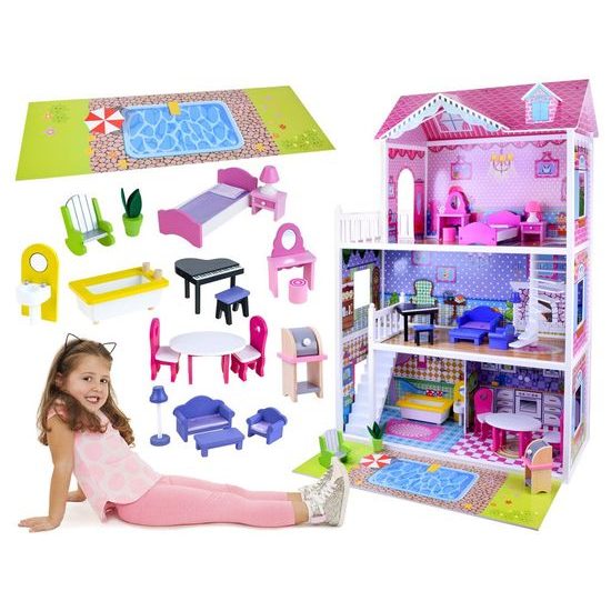 Ecotoys dřevěný XXL domeček pro panenky se skluzavkou rezidence Jersey